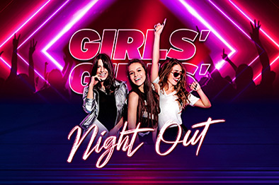 Three women posing and dancing with neon lights and the text “Girls’ Night Out” in the background