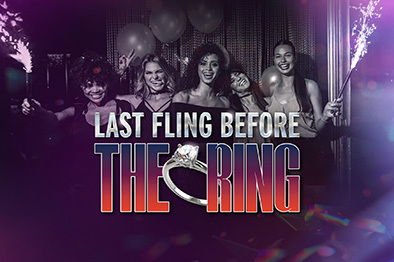 Group of women celebrating with sparklers and balloons under the text “Last Fling Before the Ring