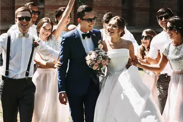 Trendy couple on their wedding day